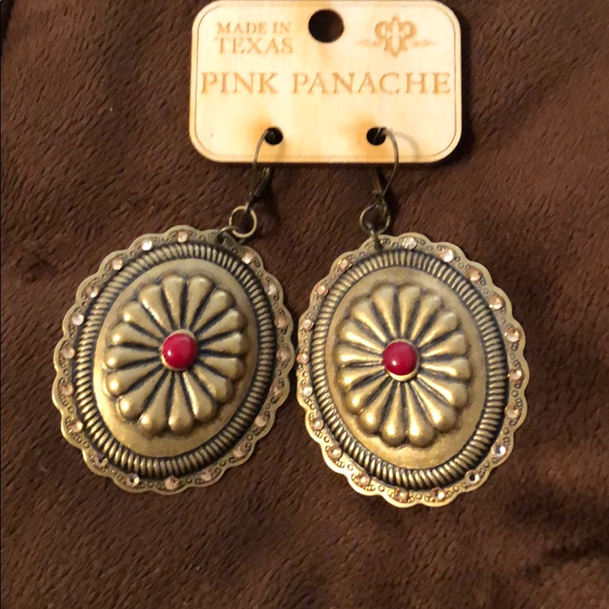 Pink Panache Gold Concho Earrings With Red Stones